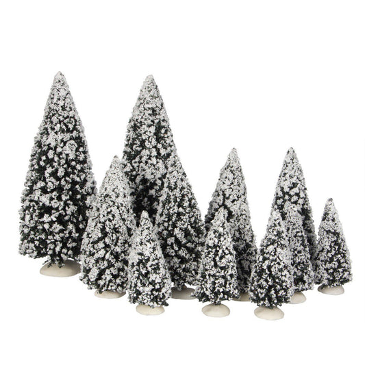 Kerstdorp besneeuwde dennenbomen set, 12 stuks, verschillende hoogtes