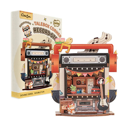 3D houten miniatuur platenwinkel, 9,2 x 6,4 x 11,2 cm