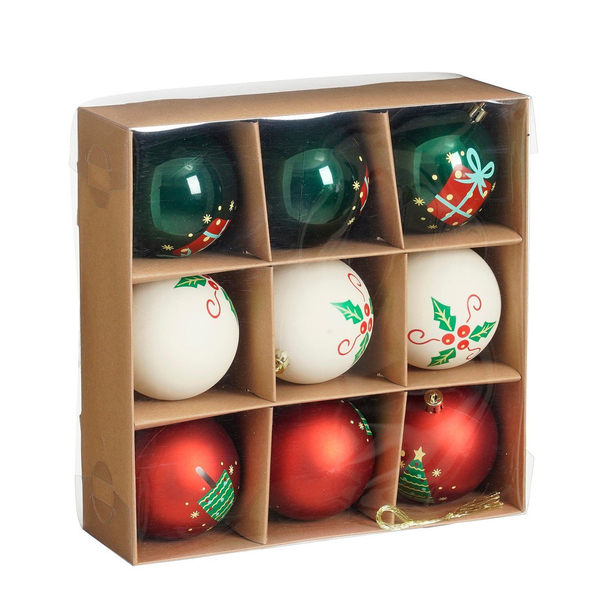 Kerstballen set rood, wit en groen, 9 stuks Ø 8 cm