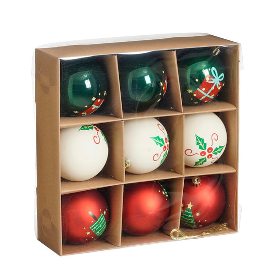 Kerstballen set rood, wit en groen, 9 stuks Ø 8 cm