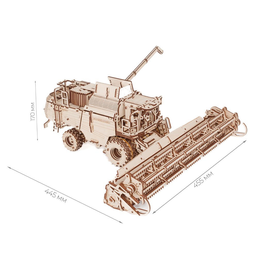 3D mechanische houten puzzel graan combine harvester, 52,7 × 45,8 × 18,7 cm – 864 stukjes