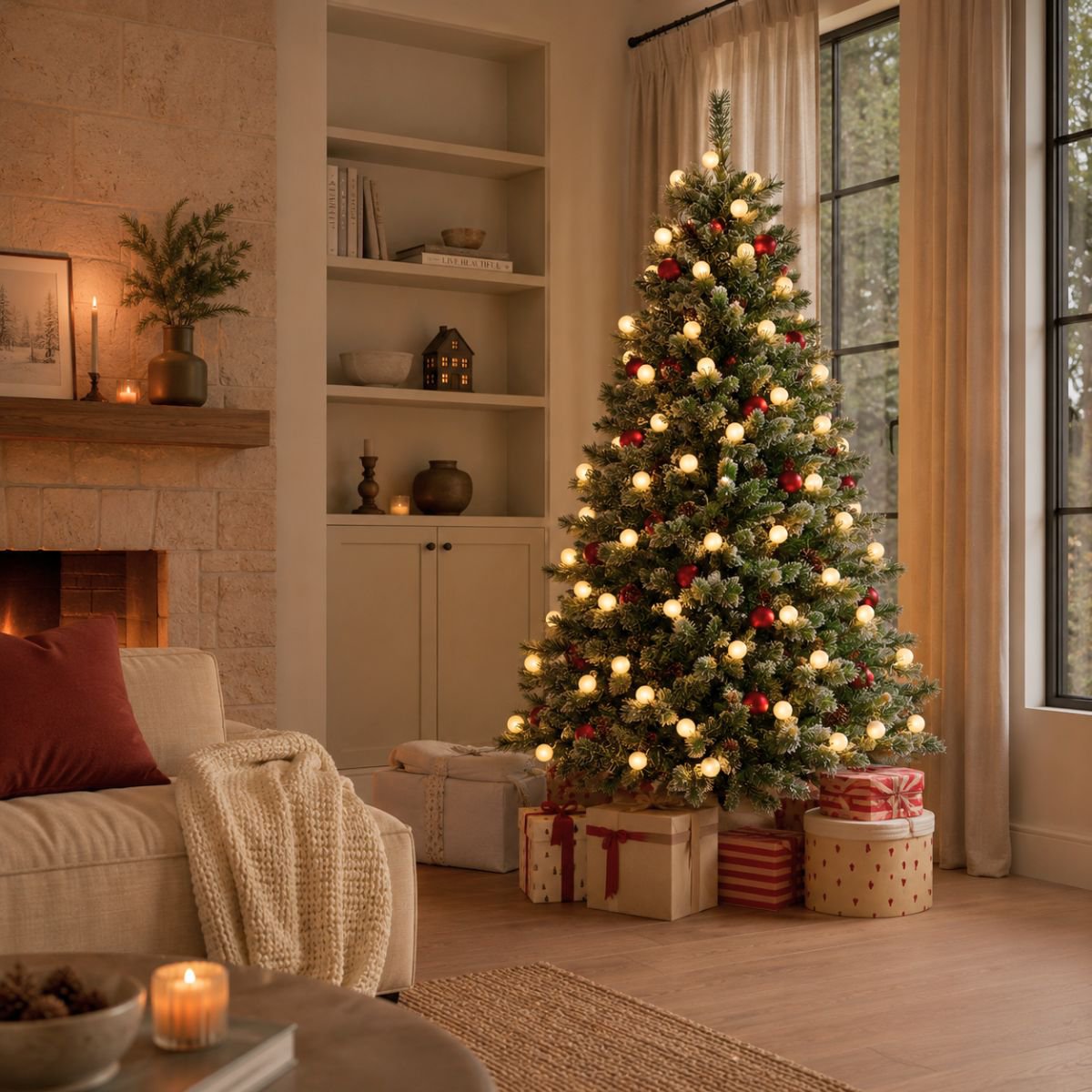 Kaprun licht besneeuwde kunstkerstboom met verlichting en decoratie, 180 cm, Ø 108 cm
