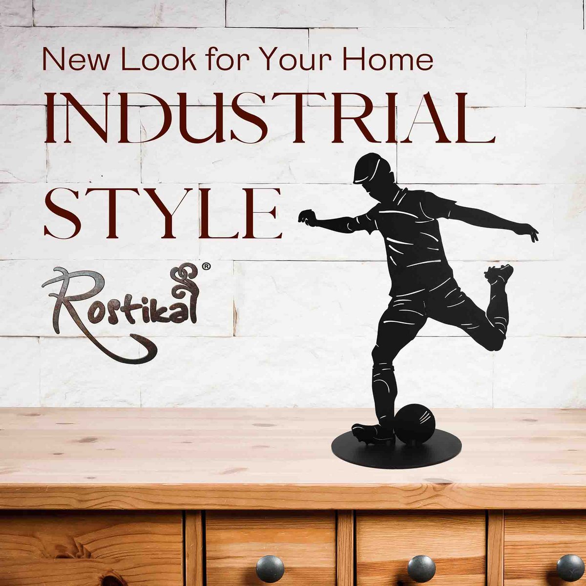 Metalen voetbalsculptuur zwart – moderne voetbal decoratie, 40 cm
