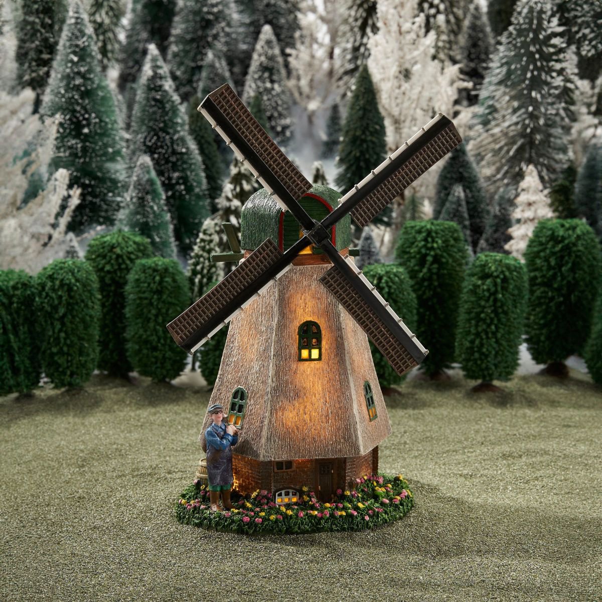 Kerstdorp Zaanse molen met draaiende wieken en verlichting, 20 × 14 × 28 cm