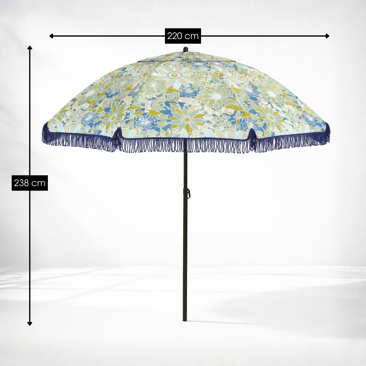 Blauwe parasol met bloemenprint en franjes Ø220 cm