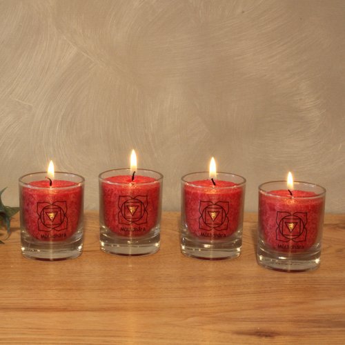 Muladhara chakra kaarsen rood, 6 × 6 cm set van 4