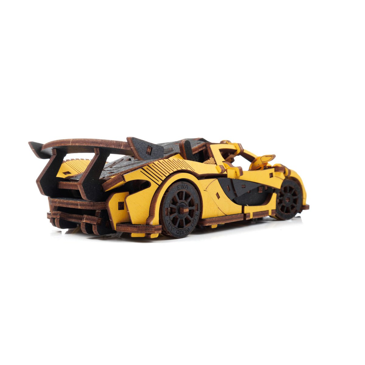 DIY houten mechanische puzzel raceauto geel, 21 x 9,5 x 5,7 cm