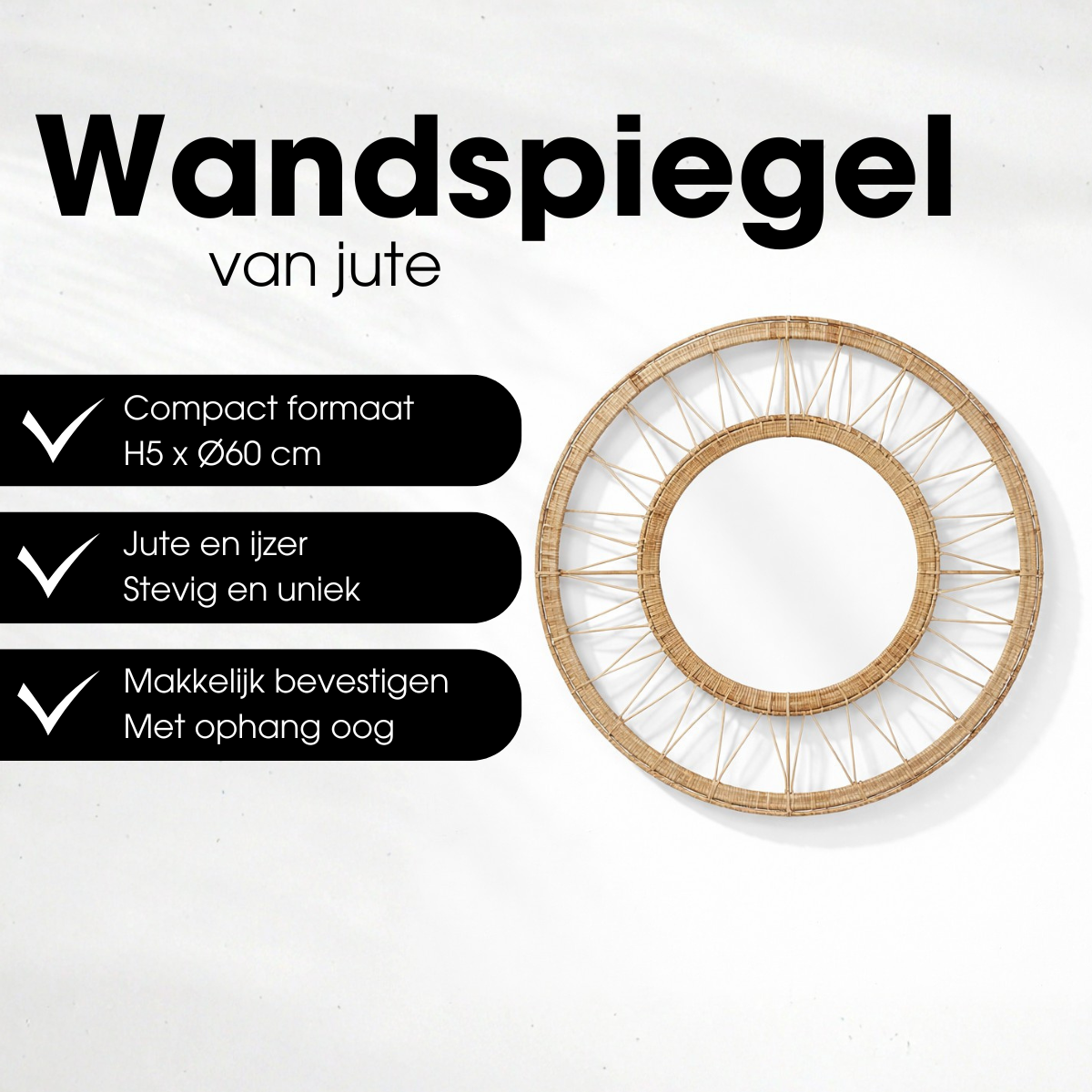 Ludy wandspiegel, jute, lichtbruin, Ø 60 cm