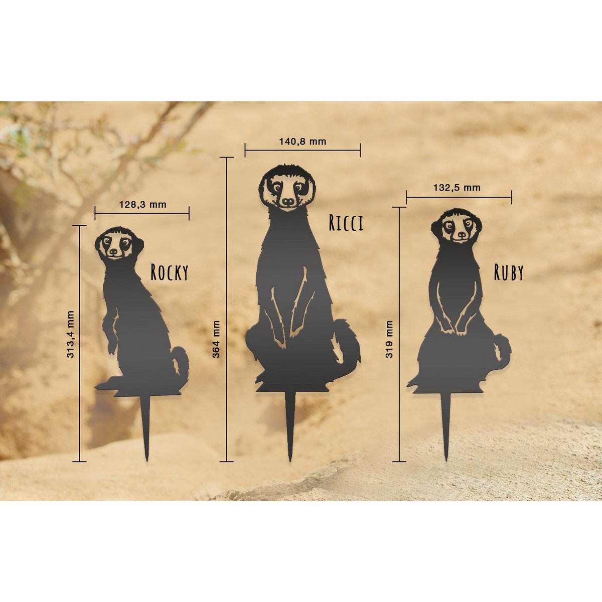 Stokstaartjes familie roest ornament set van 3 – tuin decoratie