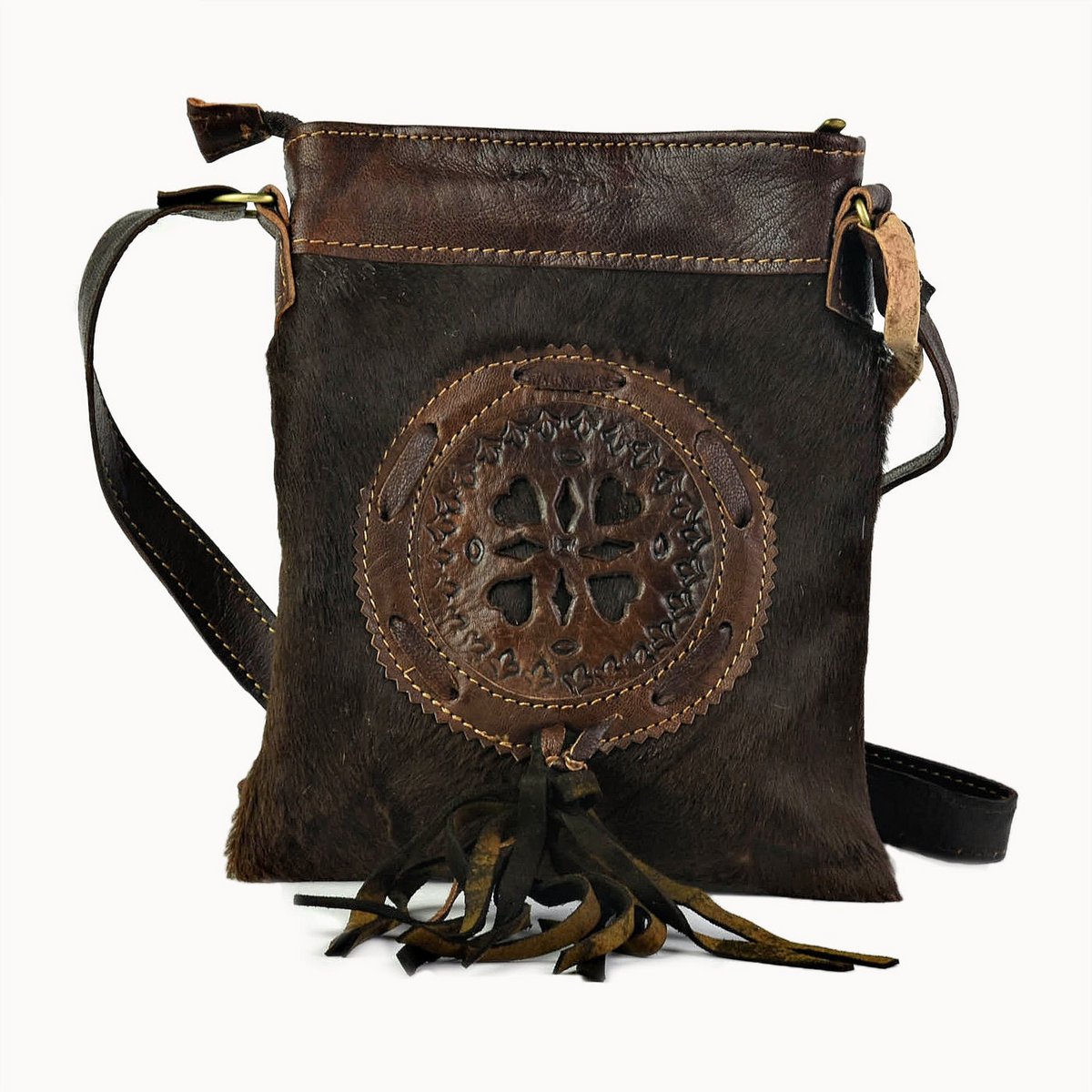 Farin leren heuptas en crossbodytas met koeienhuid, 15 × 3 × 20 cm