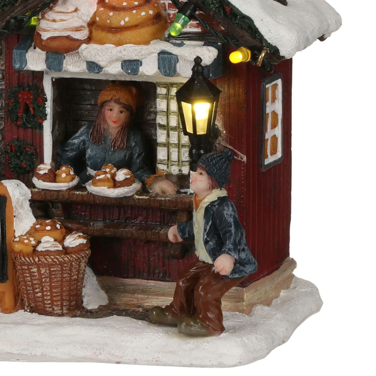 Kerstdorp kraam met kaneelbroodjes en verlichting, 12 × 8,5 × 10,5 cm