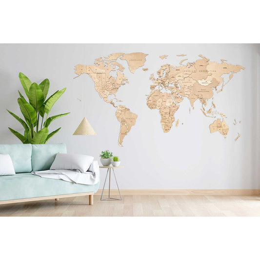 Houten wandpuzzel wereldkaart L naturel 127 stukjes, 192 x 105 cm