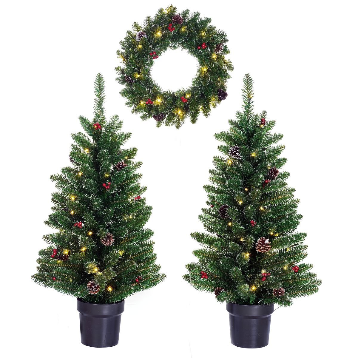 Creston kerstboomset met LED, 2 bomen en 1 krans, groen, 90 cm