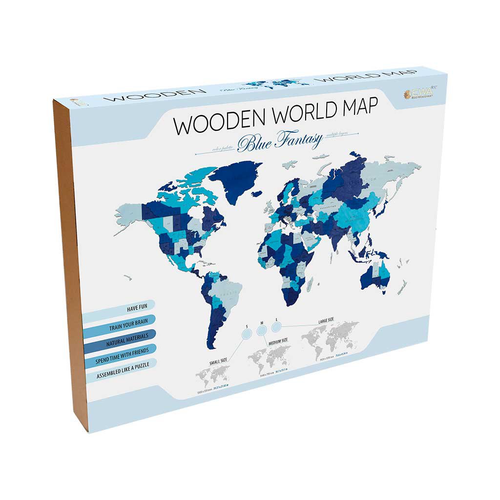 Houten wandpuzzel World Map blauw M, 144 x 79 cm