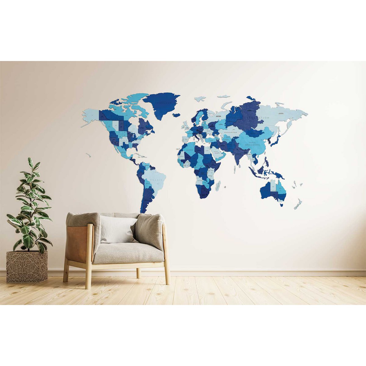 Houten wandpuzzel World Map blauw M, 144 x 79 cm