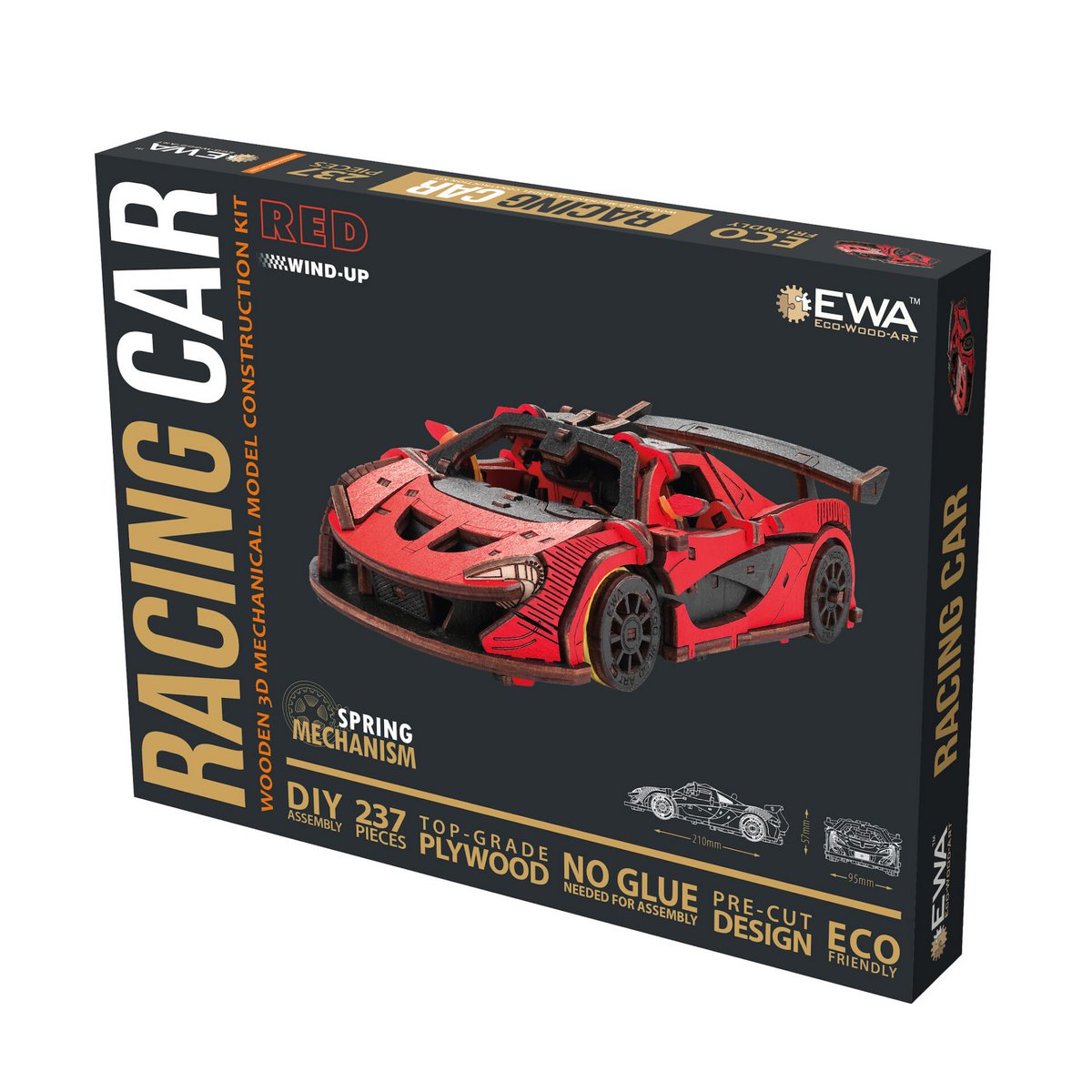 3D mechanische houten puzzel raceauto rood 21 × 9,5 × 5,7 cm – 237 stukjes