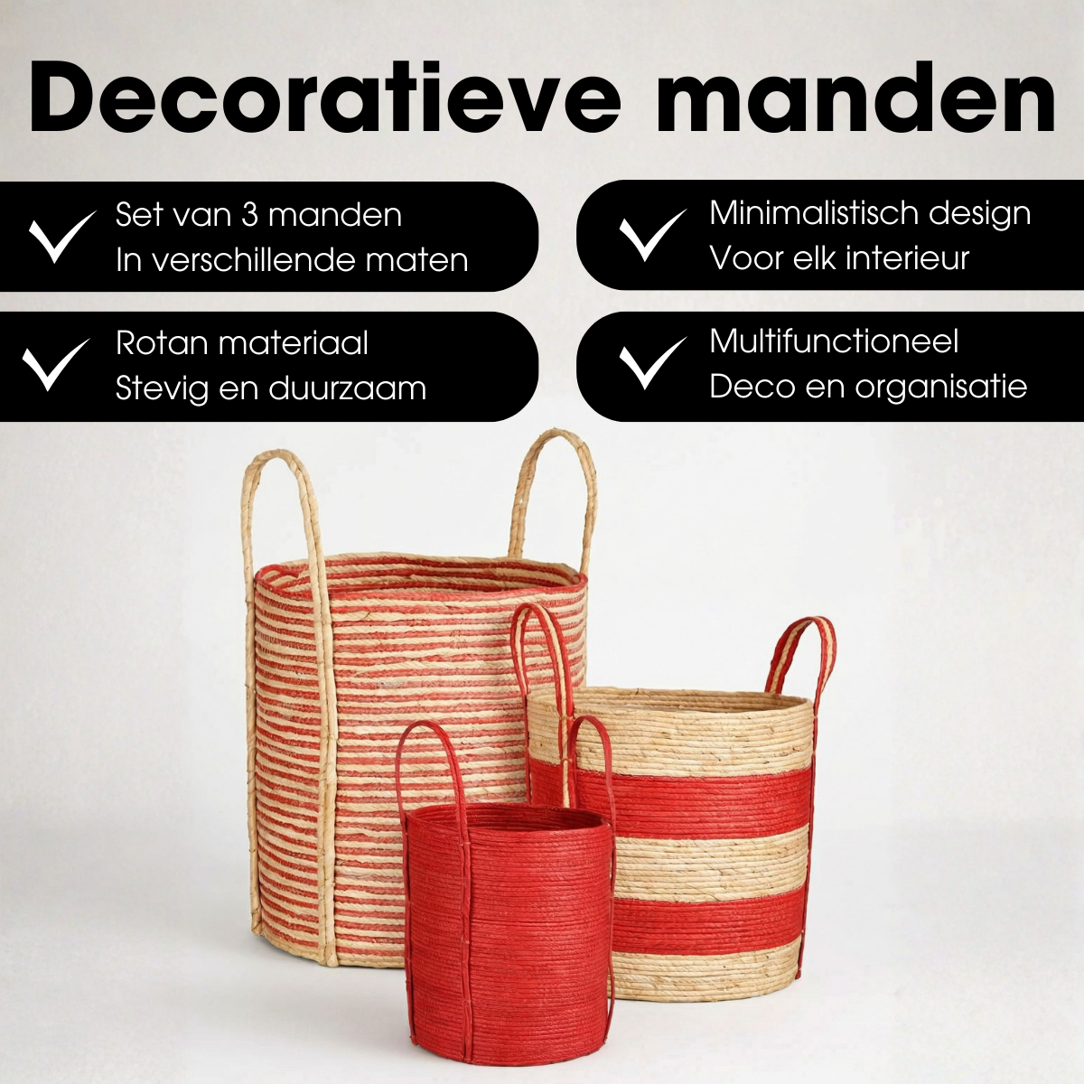 Brooklyn opbergmanden, set van 3, rood en lichtbruin