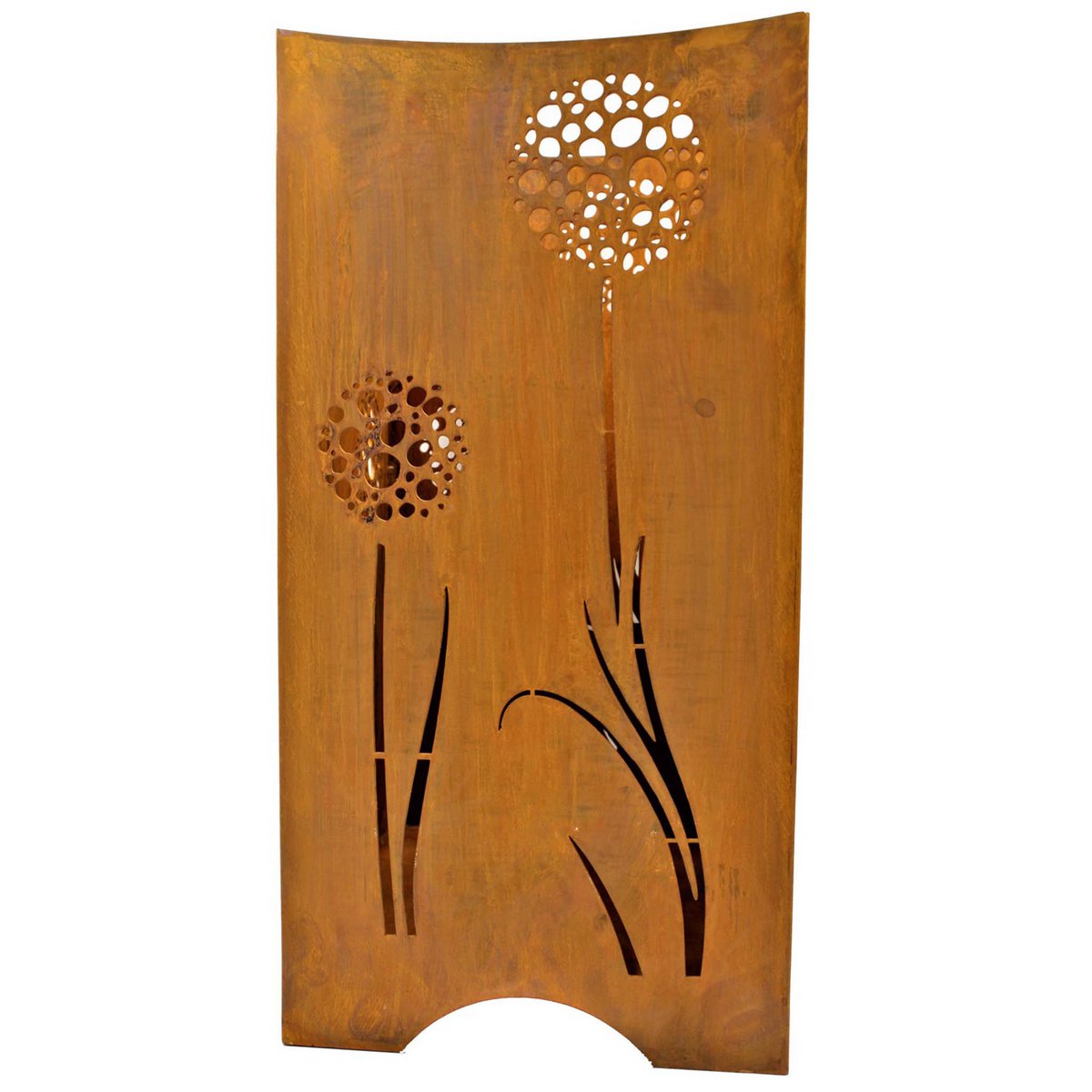 Roestmetalen vuurkorf met paardebloemen voor tuin en terras