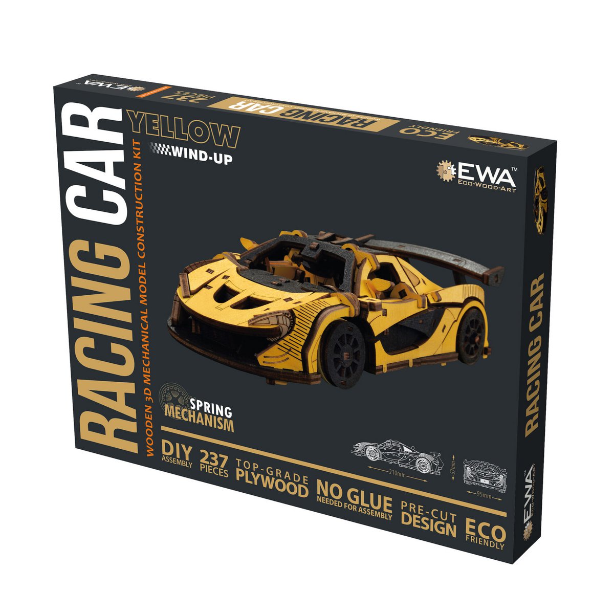 DIY houten mechanische puzzel raceauto geel, 21 x 9,5 x 5,7 cm