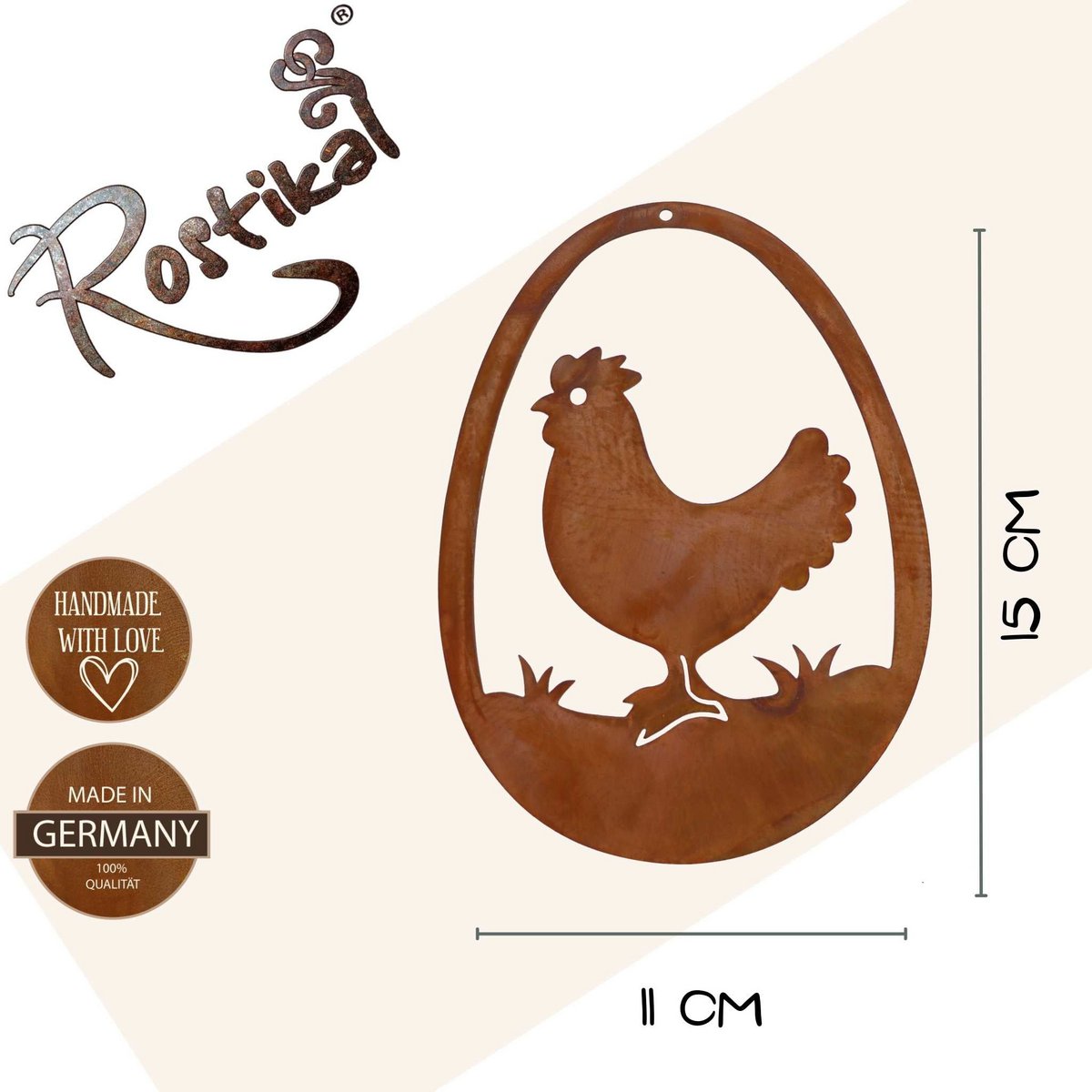 Roestmetalen kip in ei, 15 x 11 cm