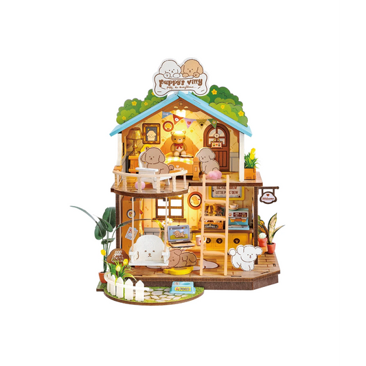 DIY huisje puppies cozy villa met led verlichting, 23,5 cm