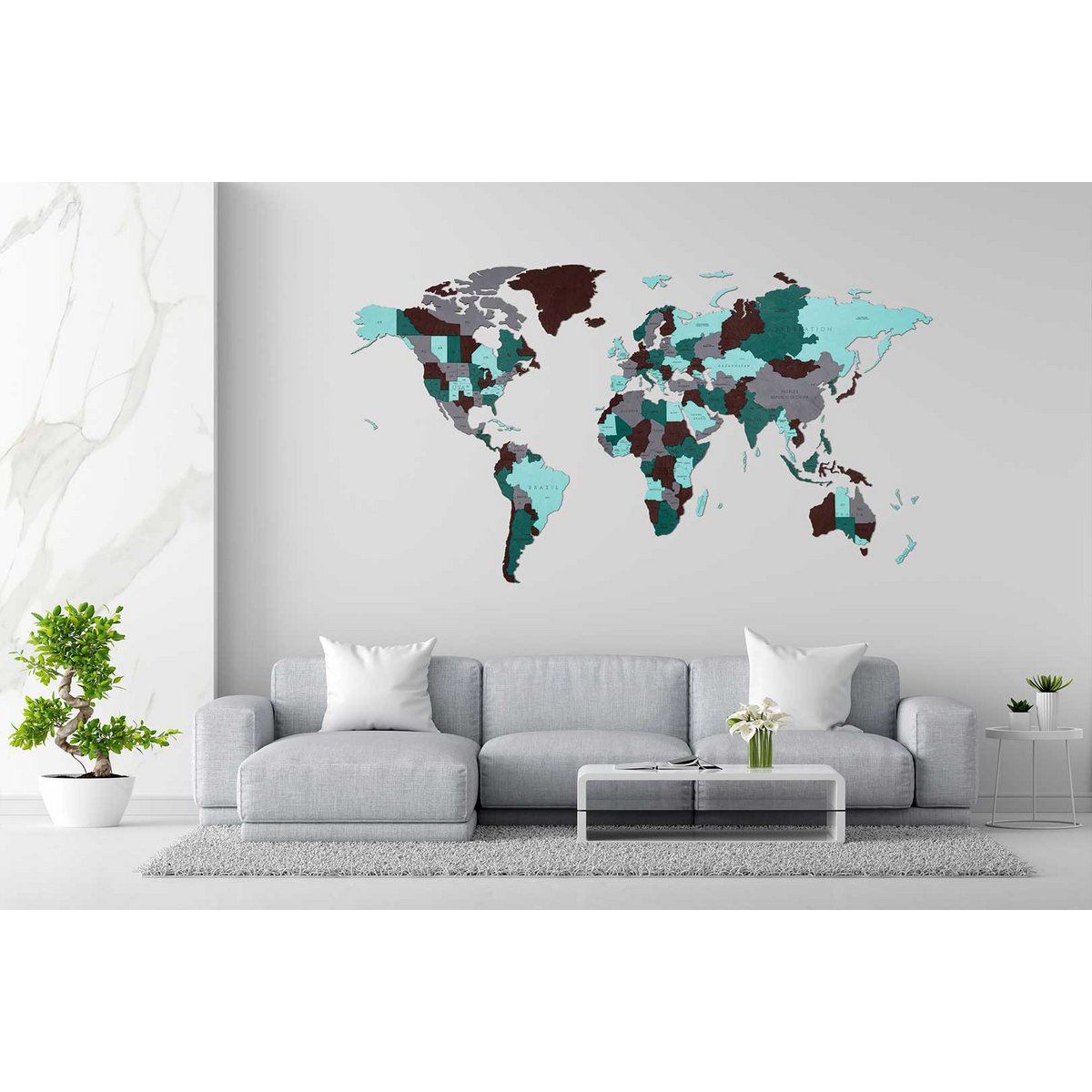 Houten wandpuzzel wereldkaart gekleurd L, 192 x 105 cm