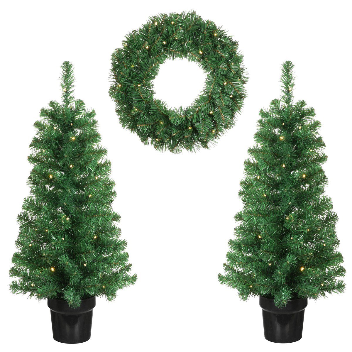 Norton set van 2 kunstkerstbomen en 1 kerstkrans met verlichting, 90 cm, Ø 45 cm