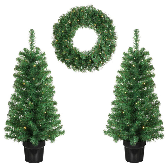 Norton set van 2 kunstkerstbomen en 1 kerstkrans met verlichting, 90 cm, Ø 45 cm