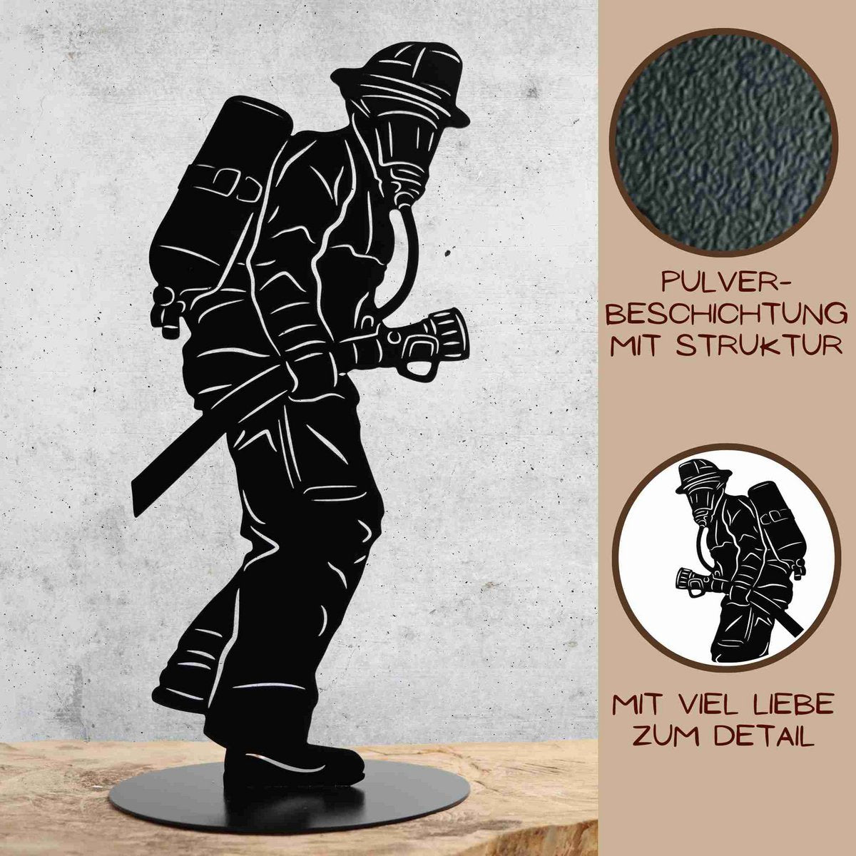 Brandweerman figuur metalen tuindecoratie matzwart, 20 of 40 cm
