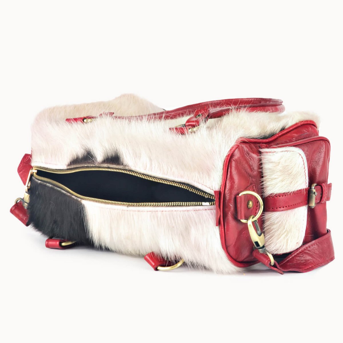 Yasmin leren handtas met koeienvacht, 30 × 15 × 19 cm