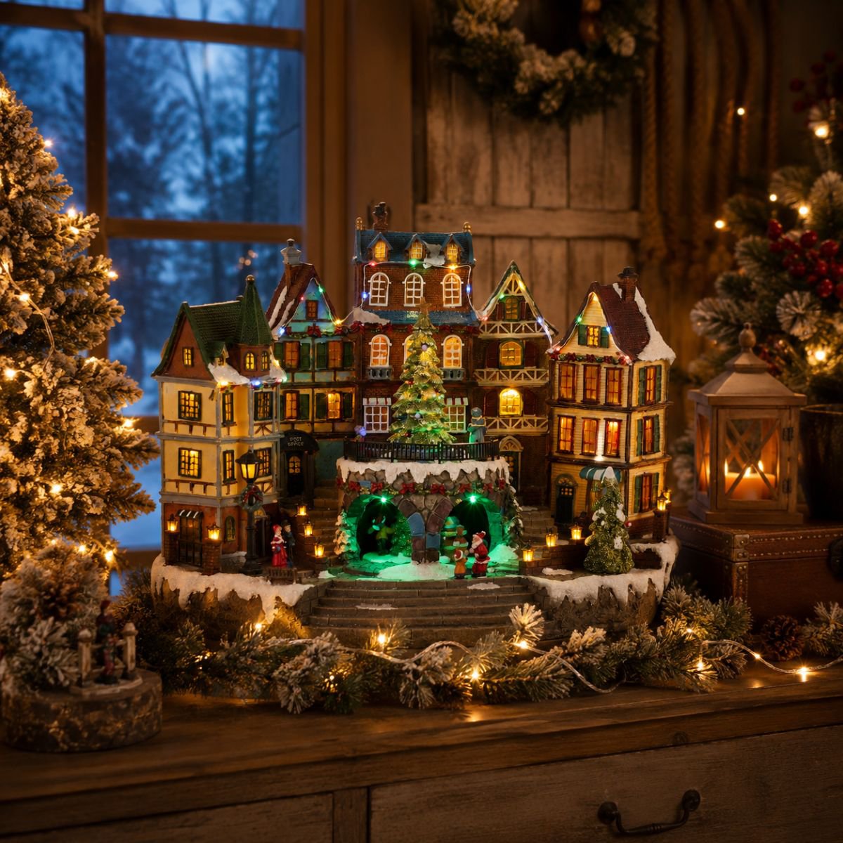 Kerstdorp dorpsplein met draaiende kerstboom en verlichting, 41,5 × 25 × 31,5 cm