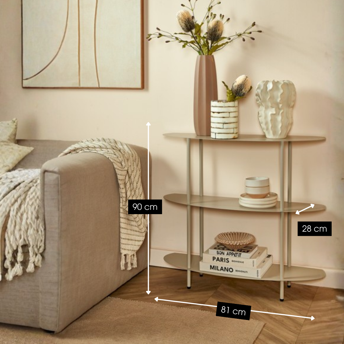 Open kast, off-white met 3 ovale planken, 90 x 28 x 81 cm