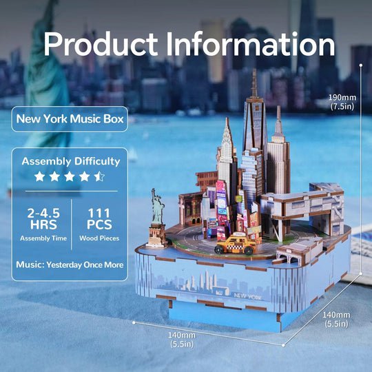 DIY 3D houten muziekdoos New York, 14 x 14 x 19 cm