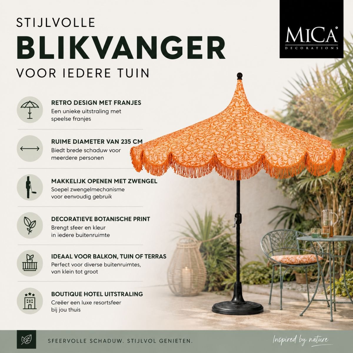 Oranje parasol met bloemenprint en franjes Ø235 cm