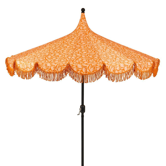 Oranje parasol met bloemenprint en franjes Ø235 cm