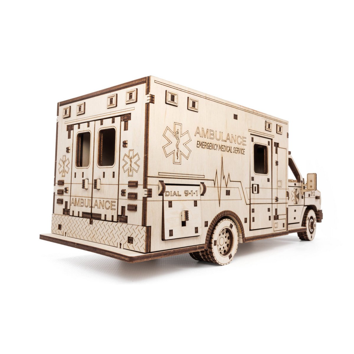 DIY houten mechanische puzzel ambulance, 29,5 x 12,9 x 12,4 cm