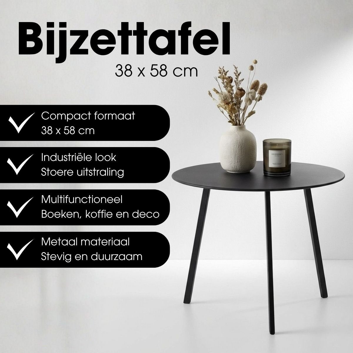 Seattle bijzettafel zwart, rond, 58 cm