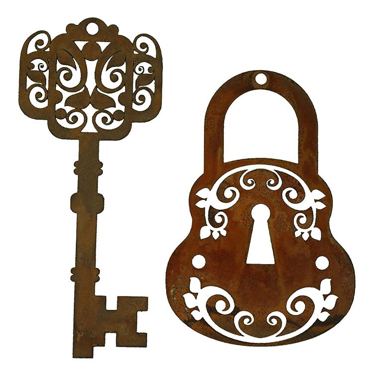 Decoratieve sleutel en slot, roestpatina, 12 × 5 cm en 10 × 6 cm