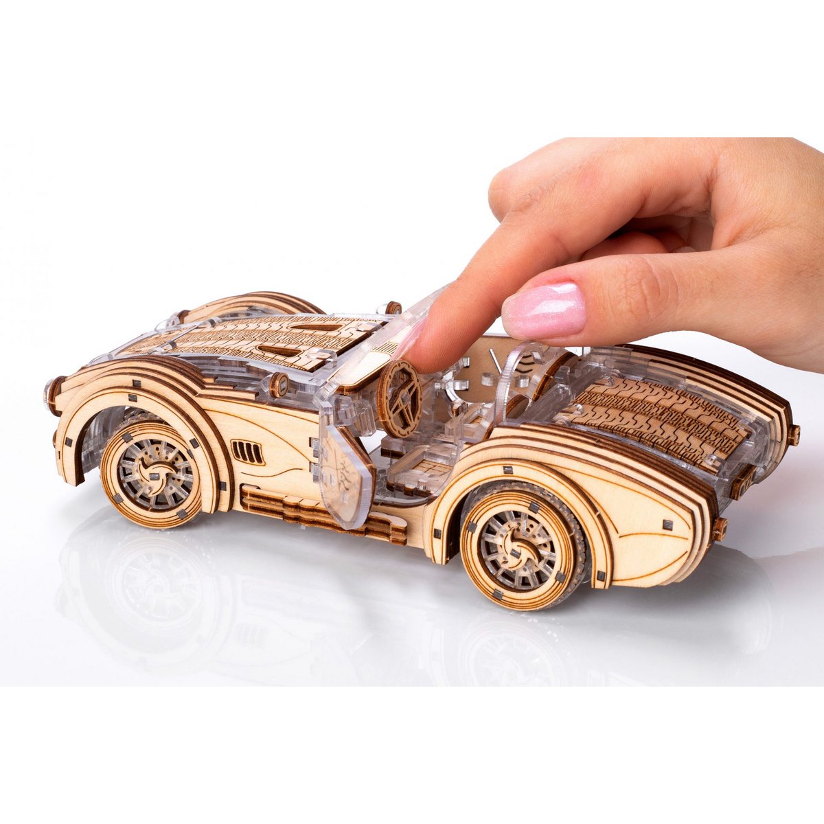 DIY houten mechanische puzzel Speedster V2 auto, 16,4 x 8 x 5,5 cm