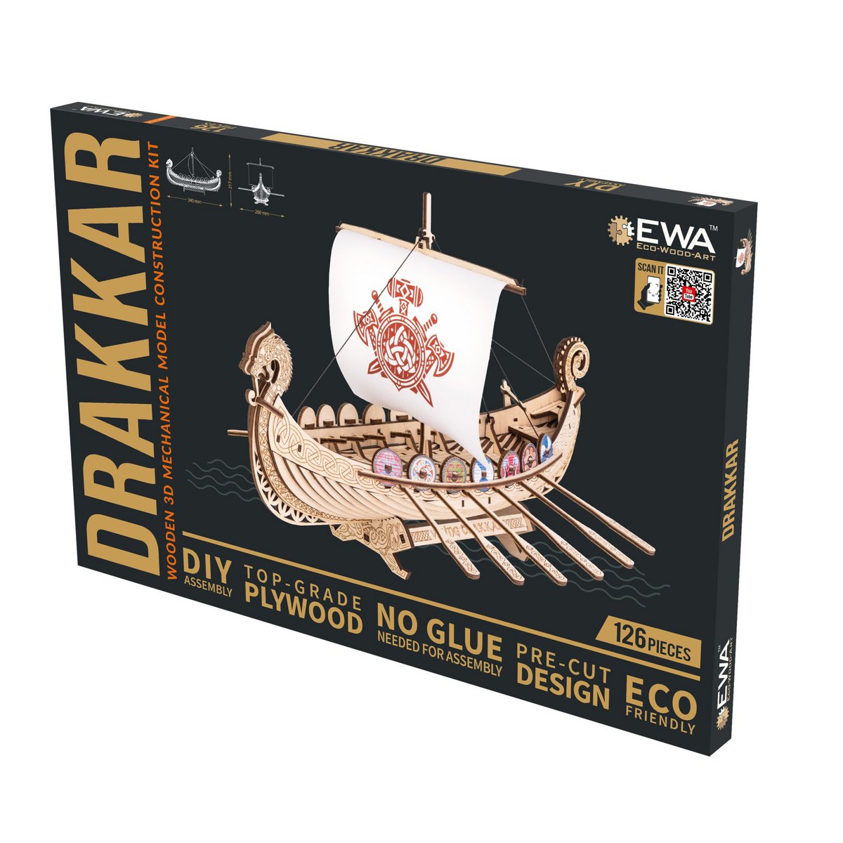 Drakkar Vikingschip houten bouwpakket, 26 × 34 × 21,7 cm
