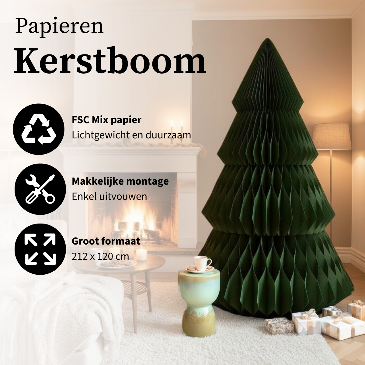Groene papieren kerstboom, Ø 120 × 212 cm