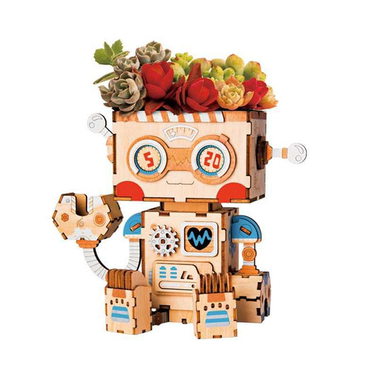 Houten robot bouwpakket met plantenhouder, Flowerpot Robot