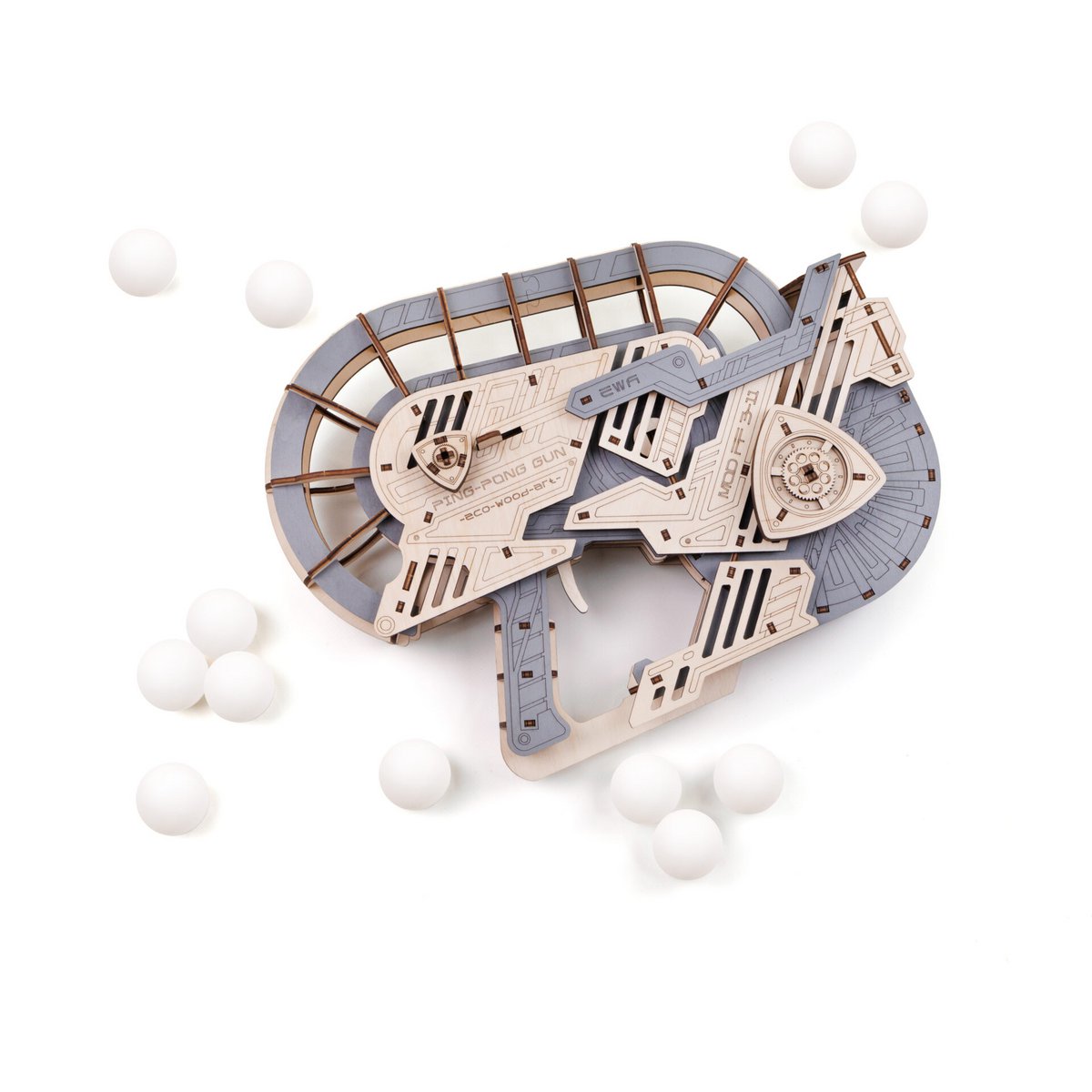 3D mechanische houten puzzel pingpong launcher 38,7 × 9,6 × 29,8 cm – 153 stukjes