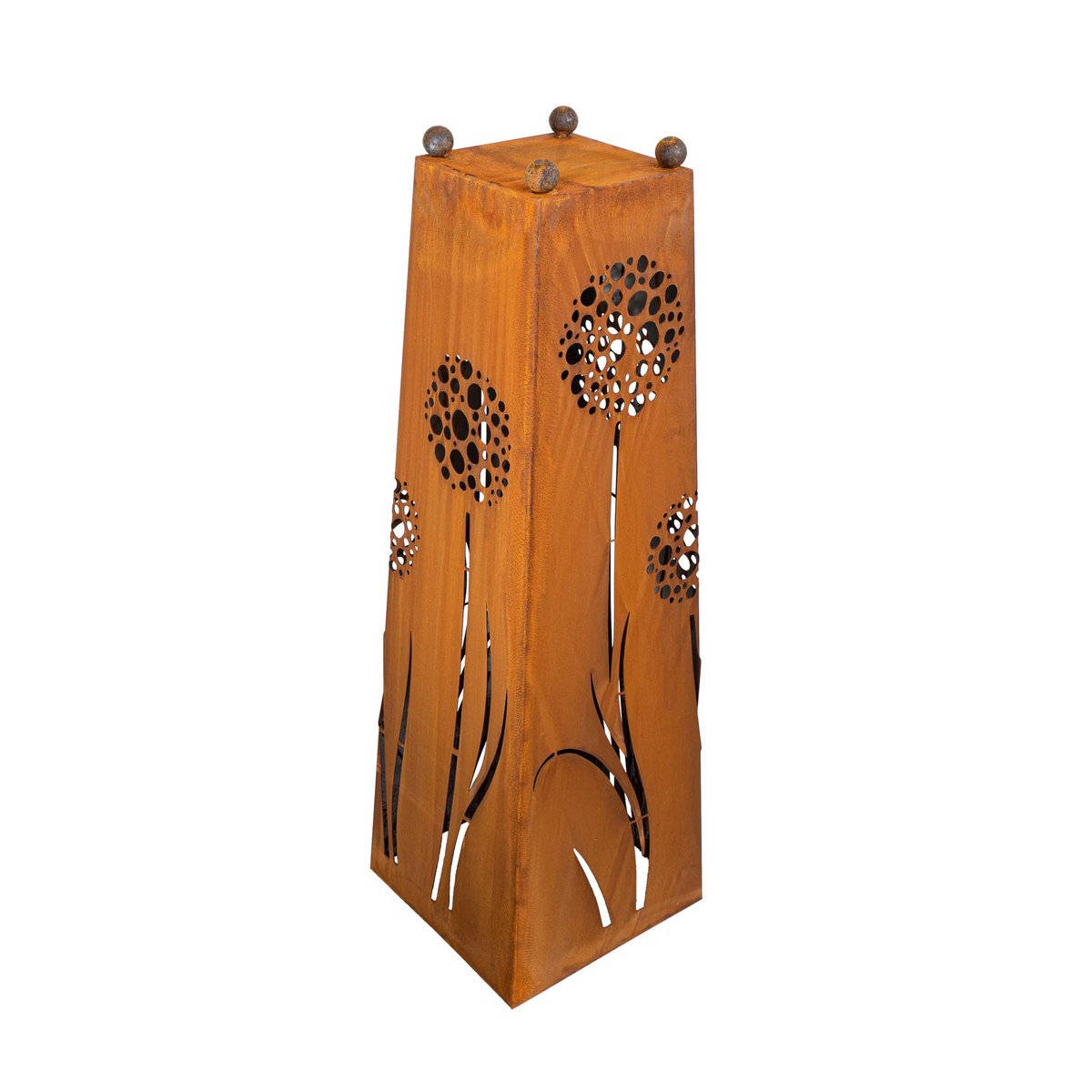 Roestmetalen plantenzuil met paardenbloemmotief, 100 cm