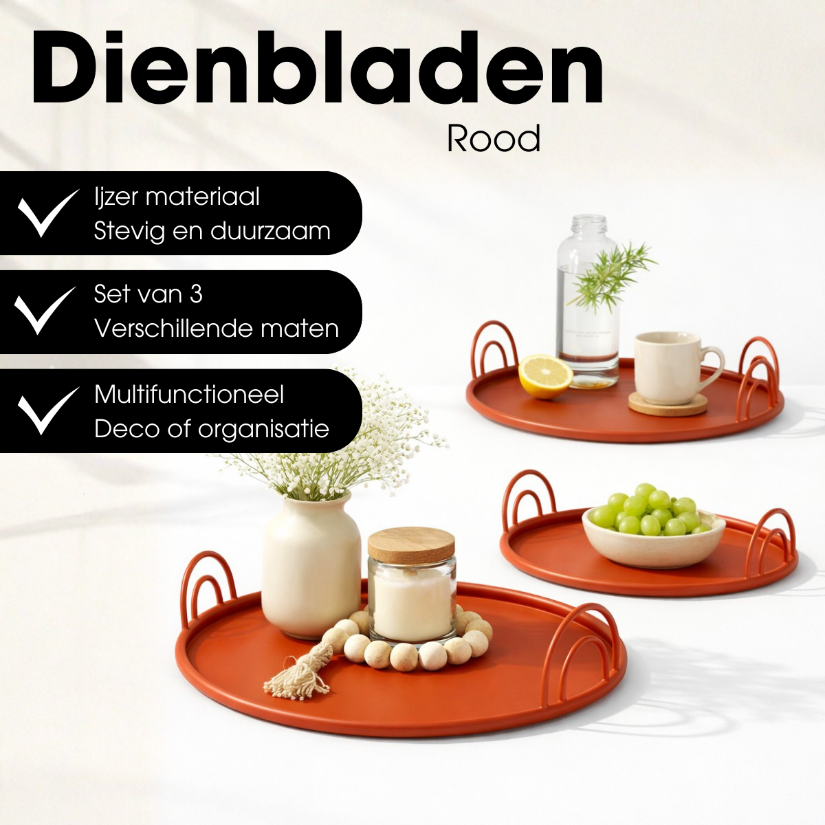 Dienbladen set van 3 met handgrepen, Ø30, Ø36 en Ø42 cm