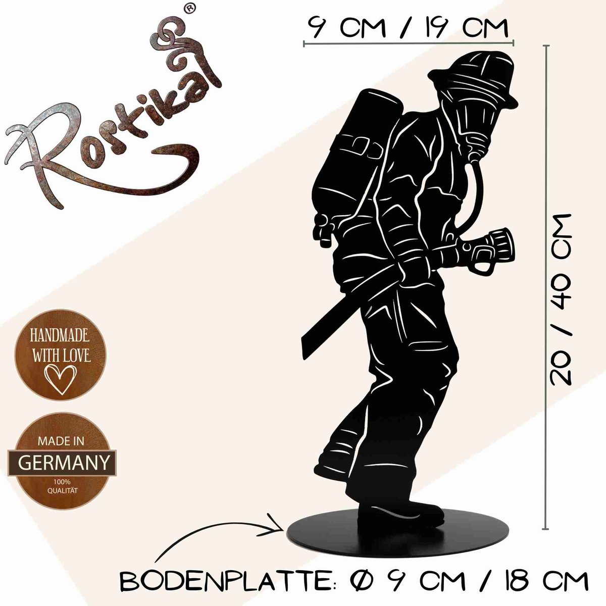 Brandweerman figuur metalen tuindecoratie matzwart, 20 of 40 cm