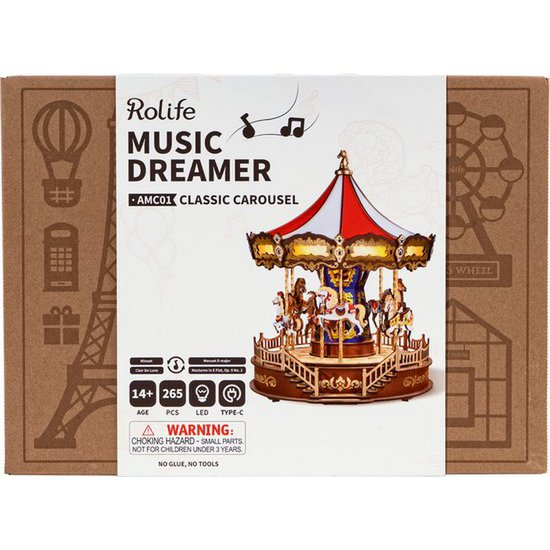 DIY houten muziekdoos carrousel 25,7 x 25,5 x 29,5 cm