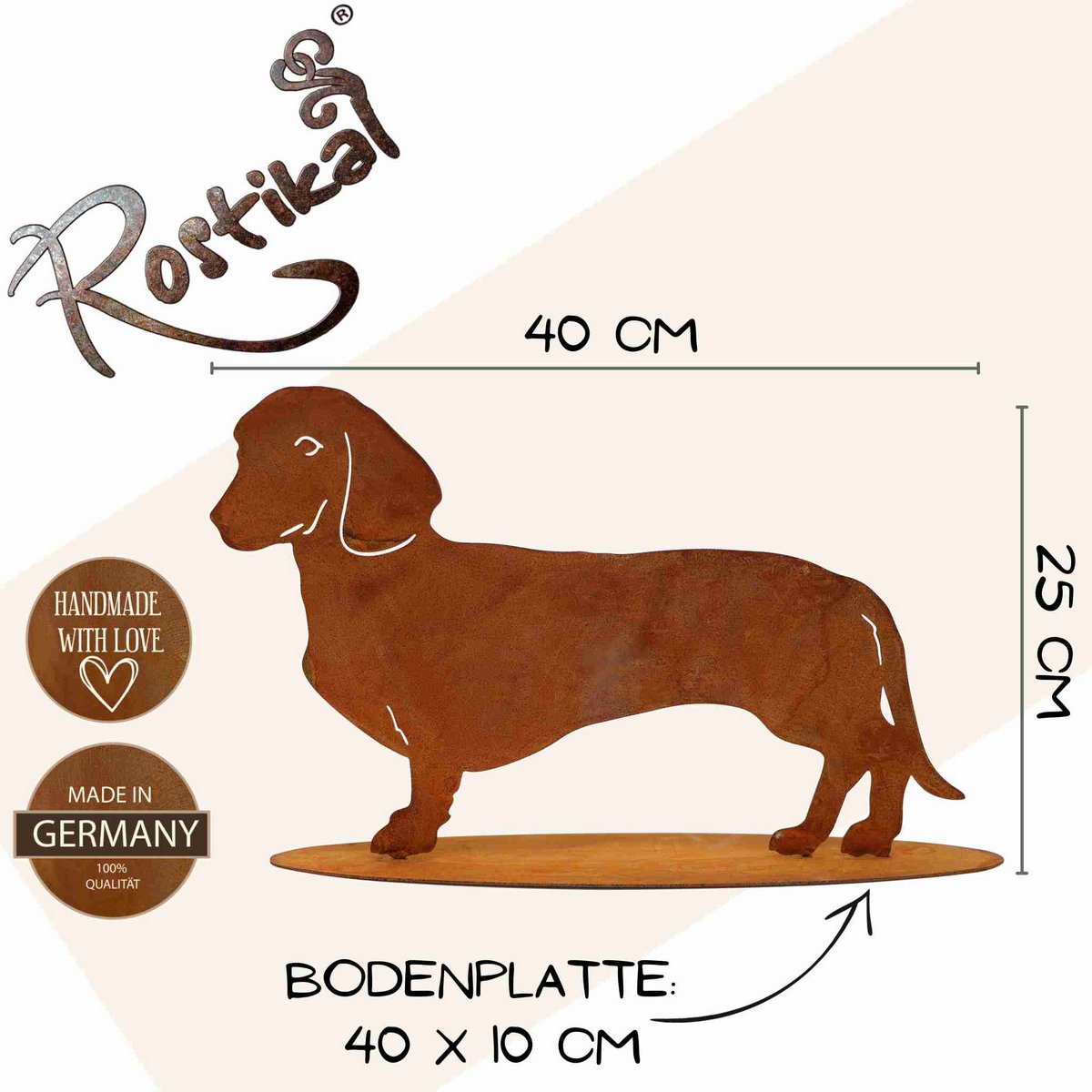 Roestmetalen teckel Waldi, 2 maten