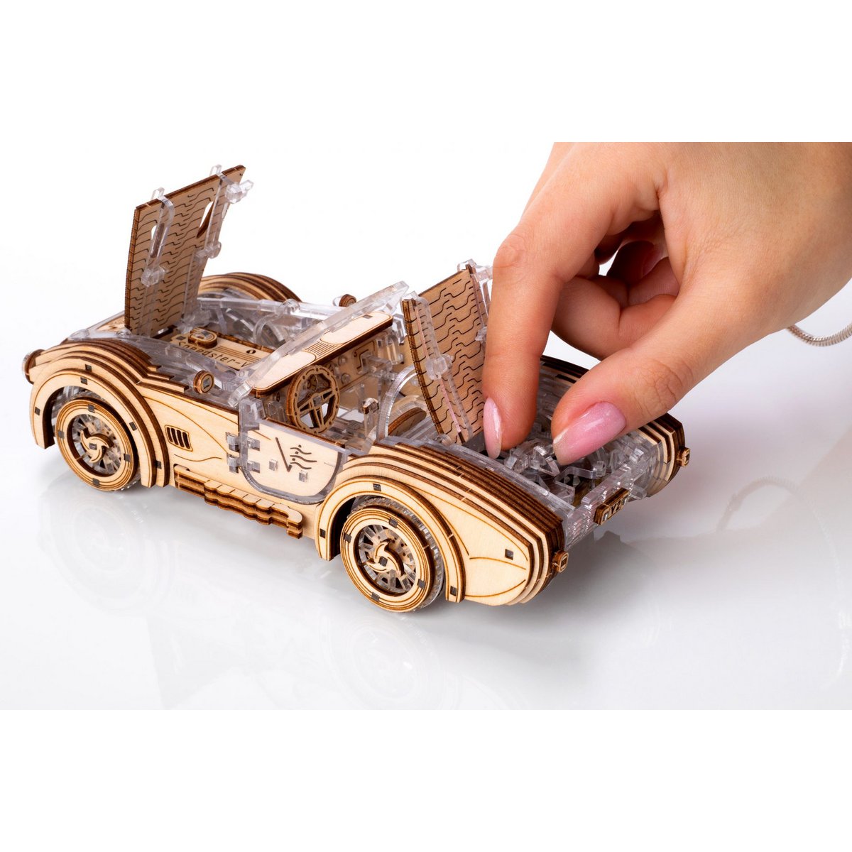 DIY houten mechanische puzzel Speedster V2 auto, 16,4 x 8 x 5,5 cm