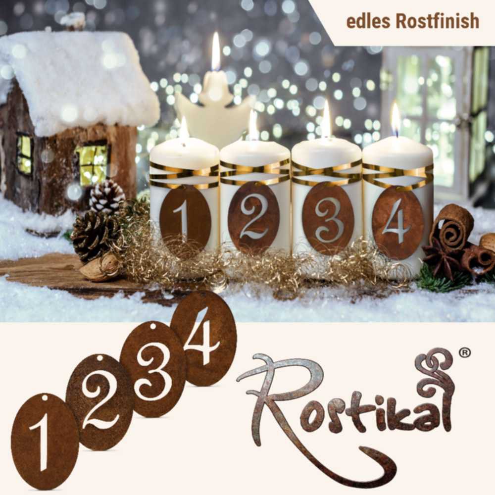 Advent decoratie cijfers 1 t/m 4, met roestpatina
